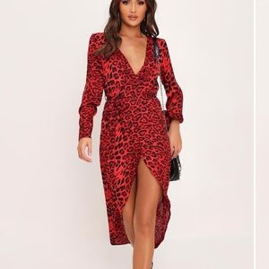 Red leopard v neck high low dress